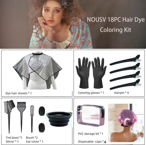 18 Piece At Home Hair Dye Kit With Bowl Brush Agitator Dye Comb Clips Caps Gloves Earmuffs And Storage Bag overview