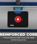 Precision Mdf Router Table Top With Flush Leveling Inserts And Low Friction Glide Surface For Heavy Duty Woodworking Builds That Are Straight Up Kickass showing a 1" thick MDF core with steel struts.