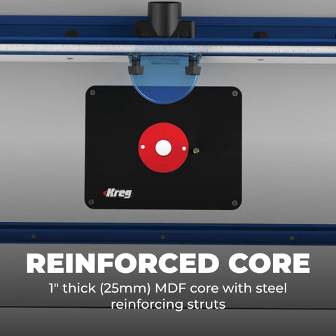 Precision Mdf Router Table Top With Flush Leveling Inserts And Low Friction Glide Surface For Heavy Duty Woodworking Builds That Are Straight Up Kickass showing a 1" thick MDF core with steel struts.