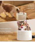 Ceramic Cat Water Fountain For Busy Cats With 2.1L 71 Ounces Capacity All Ceramic Body And Pure Copper Spout Non Toxic And Plastic Free Automatic Pet Water Fountain With Ultra Quiet Pump Indoor Use Includes 3 Filters And Sponge White, showing cats drinking from ceramic fountain with copper spout.