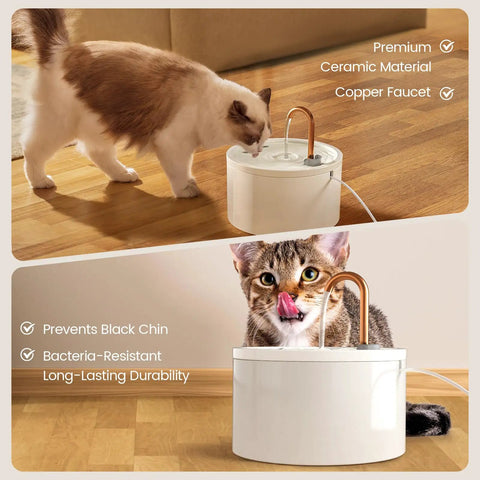 Ceramic Cat Water Fountain For Busy Cats With 2.1L 71 Ounces Capacity All Ceramic Body And Pure Copper Spout Non Toxic And Plastic Free Automatic Pet Water Fountain With Ultra Quiet Pump Indoor Use Includes 3 Filters And Sponge White, showing cats drinking from ceramic fountain with copper spout.