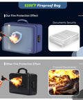 Fireproof Document Bag With Lock Insulated Large Document Box For Travel And Home Safe Storage Waterproof Zipper Includes 13 Section Accordion File Folder Blue showing fire protection comparison.