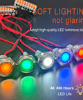Two Pack 16mm Five Eighth Inch LED Indicator Light 110 to 220 VAC 20 mA Energy Saving Metal Waterproof IP67 Flat Head Pilot Lamp With 20 cm Wire For Car Truck Boat Green LED Industrial Grade, front view