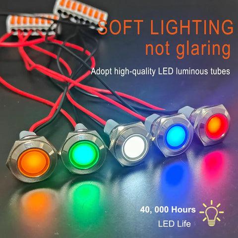 Two Pack 16mm Five Eighth Inch LED Indicator Light 110 to 220 VAC 20 mA Energy Saving Metal Waterproof IP67 Flat Head Pilot Lamp With 20 cm Wire For Car Truck Boat Green LED Industrial Grade, front view