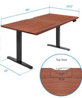 Pro Grade 60 Inch Electric Standing Desk With Adjustable Height And Memory Presets Smooth Hazelnut Woodgrain Finish Rock Solid Black Frame dimensions and top view.