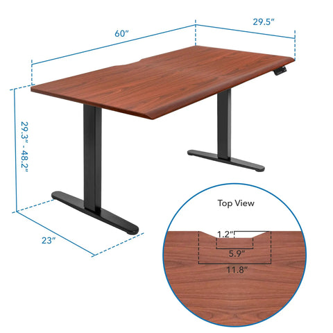 Pro Grade 60 Inch Electric Standing Desk With Adjustable Height And Memory Presets Smooth Hazelnut Woodgrain Finish Rock Solid Black Frame dimensions and top view.