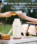 On The Go 1Liter Electric Kettle Portable Travel Kettle 304 Stainless Steel with cup lid on outdoor table