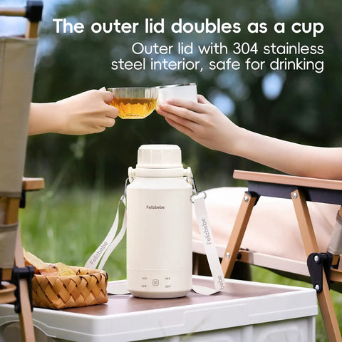On The Go 1Liter Electric Kettle Portable Travel Kettle 304 Stainless Steel with cup lid on outdoor table