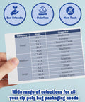 Hand holding size chart card with storage uses for Clear 2x2 Inch Resealable Zip Top Plastic Bags 1000 Pack With Zipper Seal