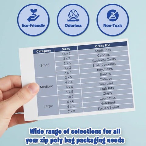 Hand holding size chart card with storage uses for Clear 2x2 Inch Resealable Zip Top Plastic Bags 1000 Pack With Zipper Seal