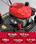 Close-up of Easy Start 18 Inch Gas Lawn Mower with 144cc OHV Engine showing deck, oil capacity, and fuel tank details.
