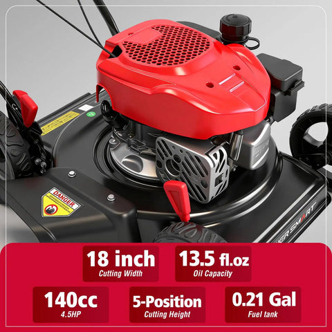 Close-up of Easy Start 18 Inch Gas Lawn Mower with 144cc OHV Engine showing deck, oil capacity, and fuel tank details.