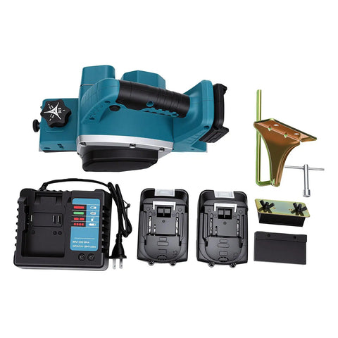 Heavy Duty Cordless Hand Planer With A Beefy 15000 RPM Brushless Motor, Slick Two Millimeter Cut Depth, And Tough Carbide Blades fully assembled with battery charger and accessories.