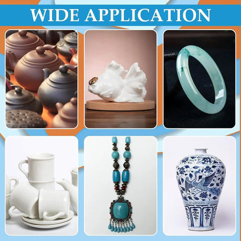Assorted ceramic and porcelain items to repair with Fast Drying Ceramic Glue Adhesive For Porcelain And Tile Repairs, Quick Fix Bonding Solution.