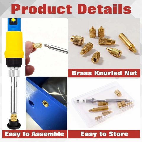 Pro Grade Heat Set Thread Insert Tool Kit for M2, M2.5, M3, M4, M5, M6, M8 with Soldering Tip and Adapter for Plastic 3D Printer Components TS100 TS101 Includes Durable Storage Case for Easy On-The-Go Use showing brass knurled nuts and tool