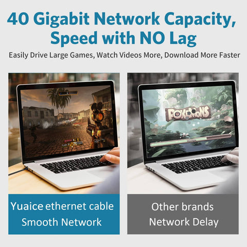 Comparison of two laptops showing smooth gaming with Yuaice ethernet cable and network delay with other brands