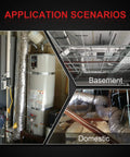 Collage of application scenarios for 12 Inch Insulated Flexible Duct For HVAC Ducting And Exhaust in basement and domestic settings.