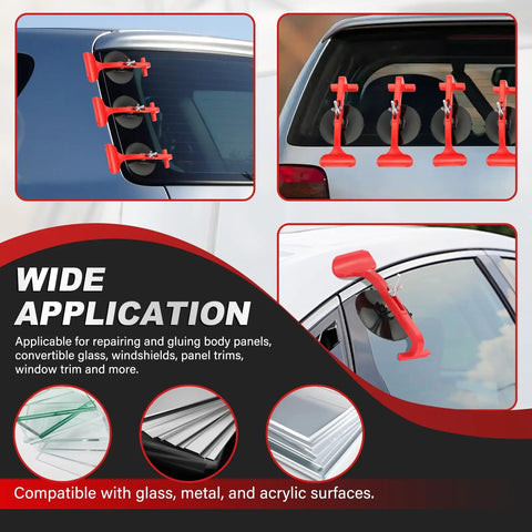 Image showing Six Piece Suction Cup Clamp Set For Glass And Windshield Repair Hands Free Gluing Tool Kit on car windows and panels.