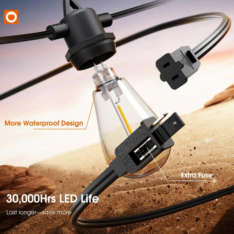 Close-up of 50Ft Outdoor String Lights with Edison dimmable LED bulb and weatherproof design in a desert setting.