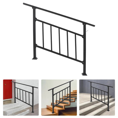 Hella Durable 4 Step Steel Stair Railing With Side Fence Panel Rust Resistant Indoor Outdoor Handrail in black for stairs.