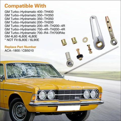 21-Inch Transmission Column Shift Linkage Kit for GM TH-200 200-4R TH-350 TH-400 4L60 4L60E 4L80E 700-R4 Universal Plug-and-Play Complete Kit With Rod Ends, Bushings, Washers, Nuts And Bolts, shown with GM compatible parts and classic car