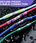 Close-up of 100Pcs Heat Shrink Solder Seal Wire Connectors And 200Pcs Heat Shrink Tubing Kit with sealed connections on wet wires