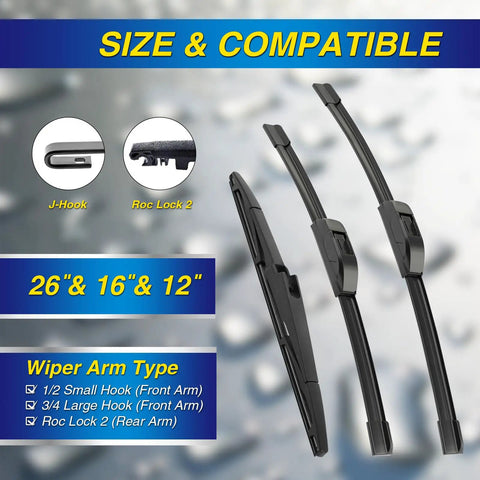 Windshield Wiper Blades Set For Kia Sorento 2016 2020 And Hyundai Santa Fe 2019 2023 Silicone Water Repellent, 26, 16, 12 Inch