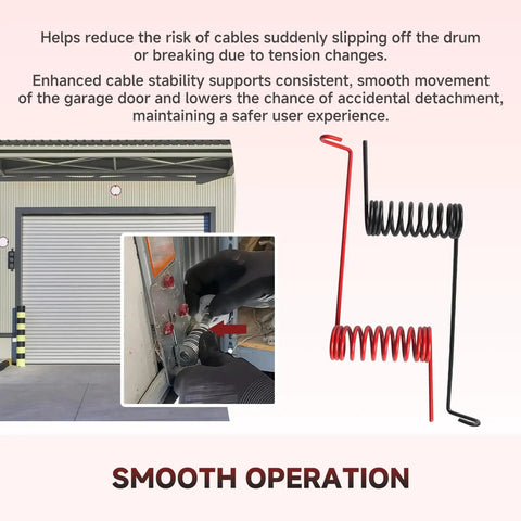 Two Pack Garage Door Cable Snubbers For Torsion Spring Systems, Prevent Cable Slack And Misalignment, Compatible With Residential And Commercial Doors, Cable Retaining Spring Kit For Safer, Smoother, Quieter Garage Door Performance with image of installed snubber on garage door.