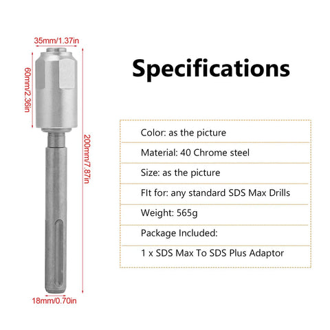 Beefy SDS to SDS Plus Drill Adapter For Rotary Hammers with dimensions and specifications chart.