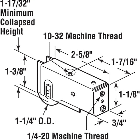One And A Quarter Inch Steel Roller Assembly With Ball Bearings For Smooth Door Sliding No Fuss Rear Adjusting Plain Back Housing For Easy Height And Alignment Adjustment Mounting Screw Sold Separately Single Pack dimensions diagram with threaded mounts