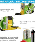 Close-up of Heavy Duty Mini Bench Drill Press Electric Drill Stand With Anti Slip Handle Adjustable Height showing depth control and angle settings.