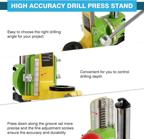 Close-up of Heavy Duty Mini Bench Drill Press Electric Drill Stand With Anti Slip Handle Adjustable Height showing depth control and angle settings.