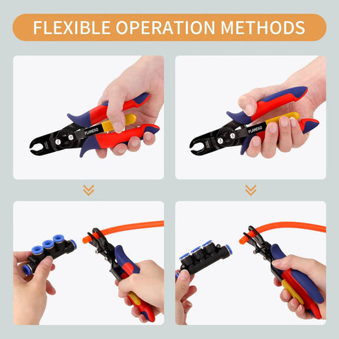 Air Line Pliers for Quick Disconnects, rubber grip, showing flexible operation with pneumatic hoses and push-fit connectors.