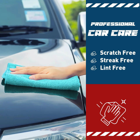 Front view: turquoise microfiber cleaning towel on car hood during detailing.