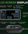 LCD display showing charging details for Level 2 Portable On The Go EV Charger EVSE 220/240V 16A 30ft And 50ft Cable