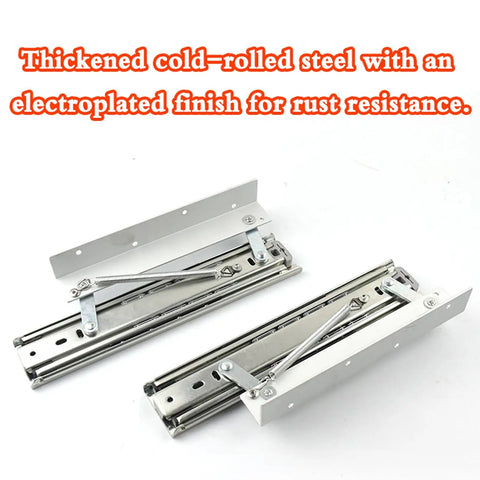 Badass Heavy Duty Steel Drawer Slides With Smooth As Butter Soft Close Glide For Extendable Desk Cabinet Hardware Rust Proof Cold Rolled Steel metallic slides with electroplated finish and springs.