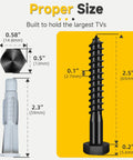 Universal TV Mount Hardware Kit With M8x65 Lag Bolts, Washers, 10x60 Anchors, and Bubble Level showing bolt size details