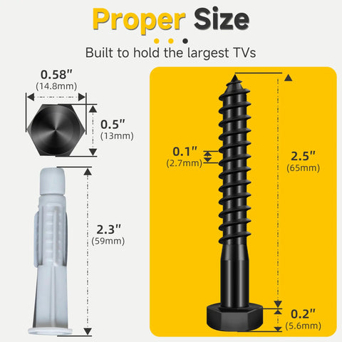 Universal TV Mount Hardware Kit With M8x65 Lag Bolts, Washers, 10x60 Anchors, and Bubble Level showing bolt size details