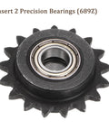 Hella Tough Carbon Steel Idler Sprocket 17 Tooth 9mm ID shown with precision bearing, ideal for ISO 04C chains.
