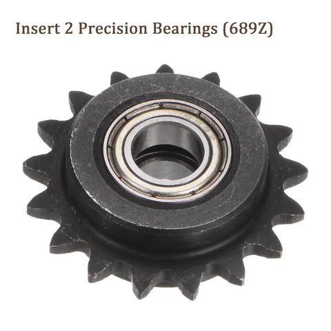 Hella Tough Carbon Steel Idler Sprocket 17 Tooth 9mm ID shown with precision bearing, ideal for ISO 04C chains.