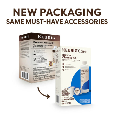 Brewer Cleanse Kit packaging showing descaling solution and rinse pods for K Cup Coffee Makers 5 count with same must-have accessories.