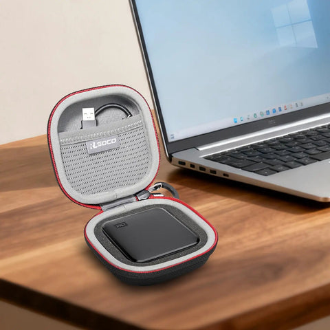Durable EVA Hard Case for Western Digital Elements SE Portable SSD 1TB 2TB Case Only Protects Your Drive on a desk beside laptop