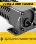 250W variable-speed geared motor with gearbox and mounting bracket, black metal housing, front view