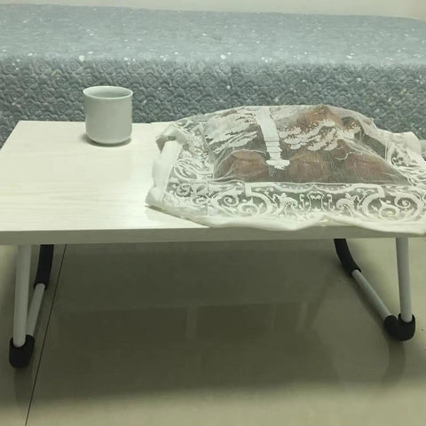 Heavy Duty Folding Desk Legs Set With U Shape Support under small white table in home office setting