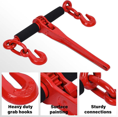 Ratcheting Chain Binders With Grab Hooks 1/4-5/16 Inch, 2,200 LBS Working Load, Heavy Duty Adjustable Length Tie Down Binders.
