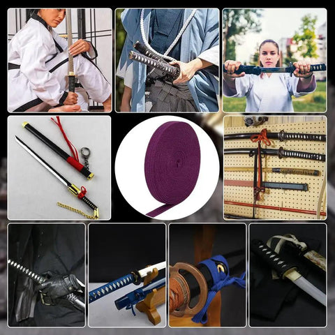 Collage of samurai swords and purple Ito Sageo, Purple Ito Sageo Wrapping Cord 5m Silk Cotton Blend 0.51 Inch Wide For Katana Tsukamaki Handle Wrapping And Samurai Sword Rope Durable And Dope To Tie Great For Japanese Sword Handle Restoration.