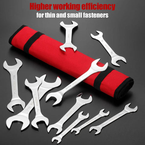 Super Thin Open End Wrench Set, 16 Piece SAE And Metric Wrenches For Tight Spots, laid on a red rollin pouch