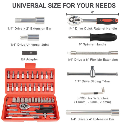 46Piece Small Drive Socket Ratchet Wrench Set With One Quarter Inch Drive, Metric Sockets, Extension Bar, And Screwdriver Bits in red case
