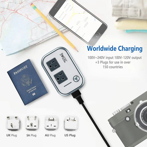 Image of Travel Voltage Converter 220V To 110V With 4 USB Ports And Worldwide Plug Kit with passport and map for travel.