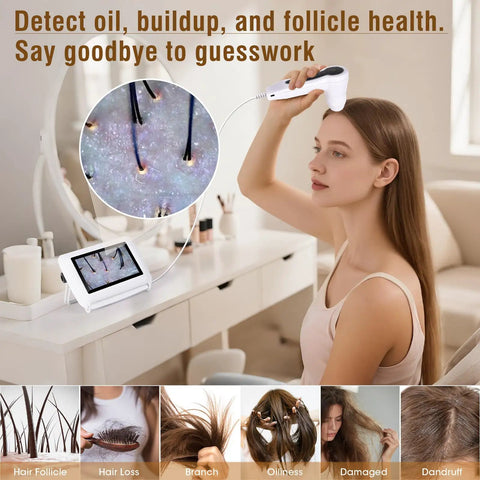 Woman using Rechargeable 5 Inch HD Scalp And Skin Analysis Camera For At Home Spa And Salon Use Pro Grade Skin Microscope for hair